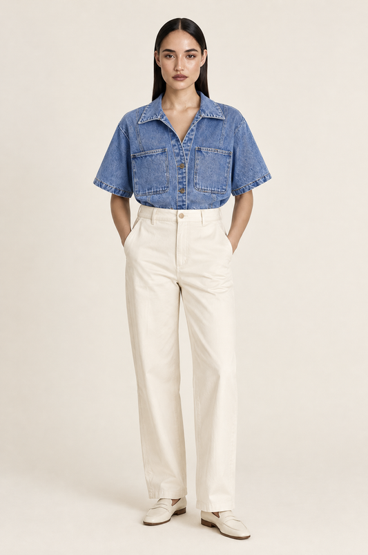 New York Tailored Denim Shirt with Chest Pockets – Blue worn by model