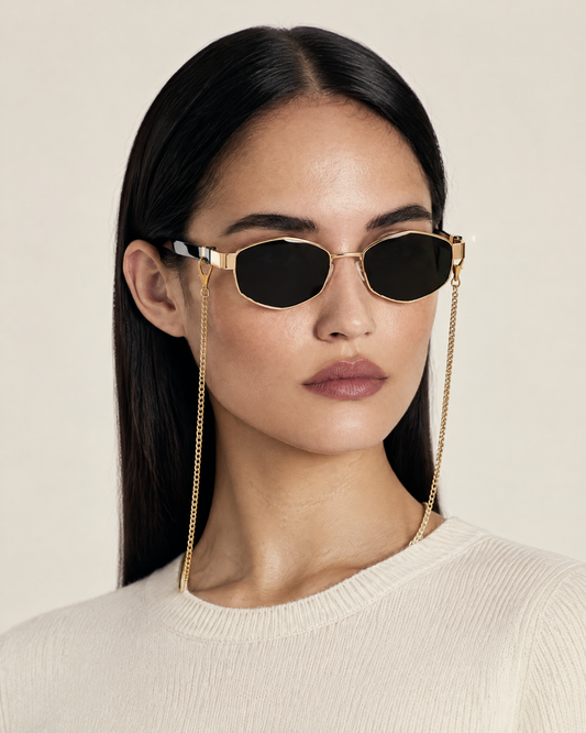 Hexagonal Lens Sunglasses with Detachable Gold Chain – Black worn by model