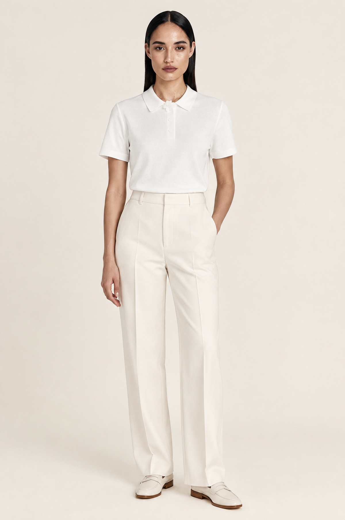 Textured Short Sleeve Polo Shirt with Flower Button Collar – White worn by model