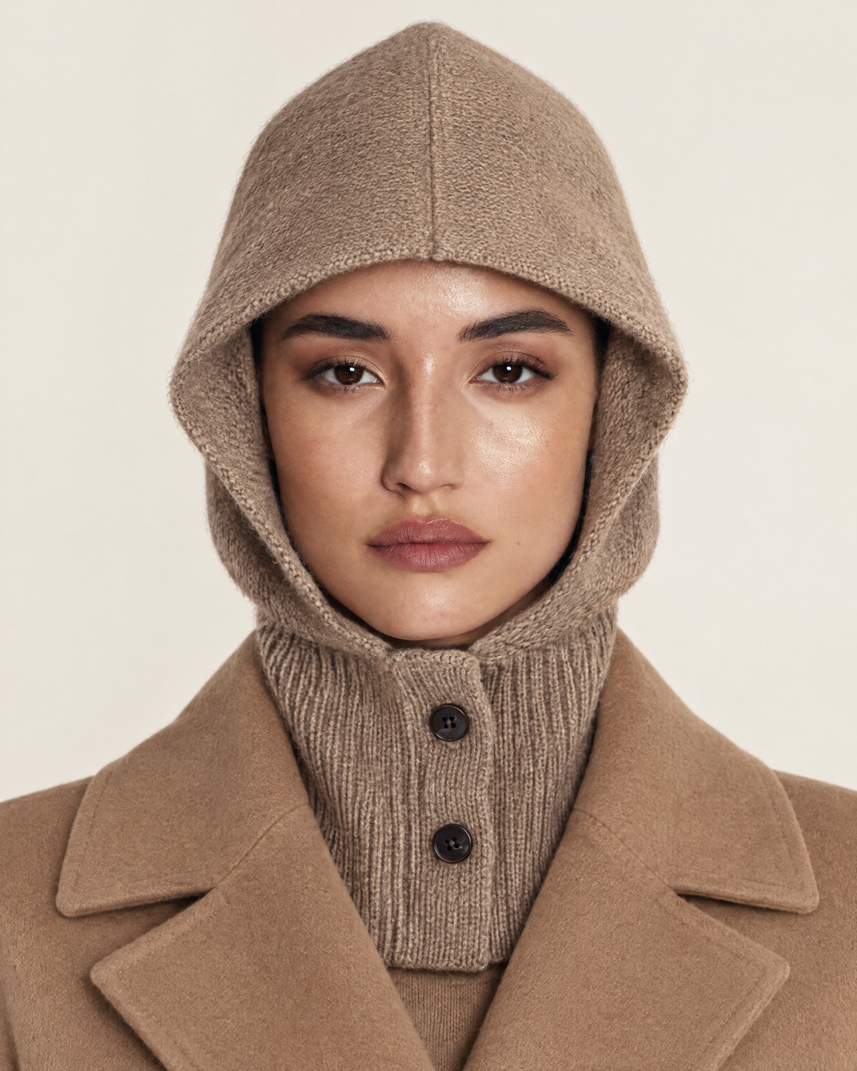 Pure Cashmere Knitted Hat with Front Button Detail worn by model