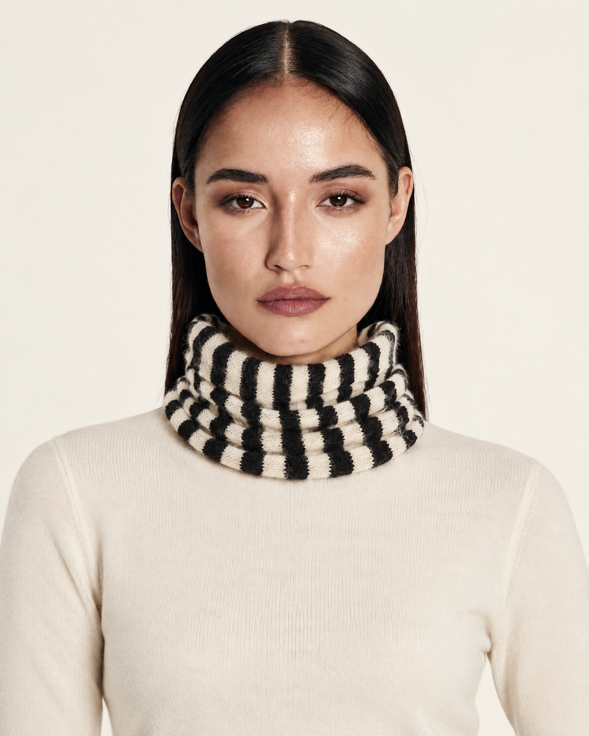 Lightweight Striped Pure Cashmere Neck Cover Scarf worn by model