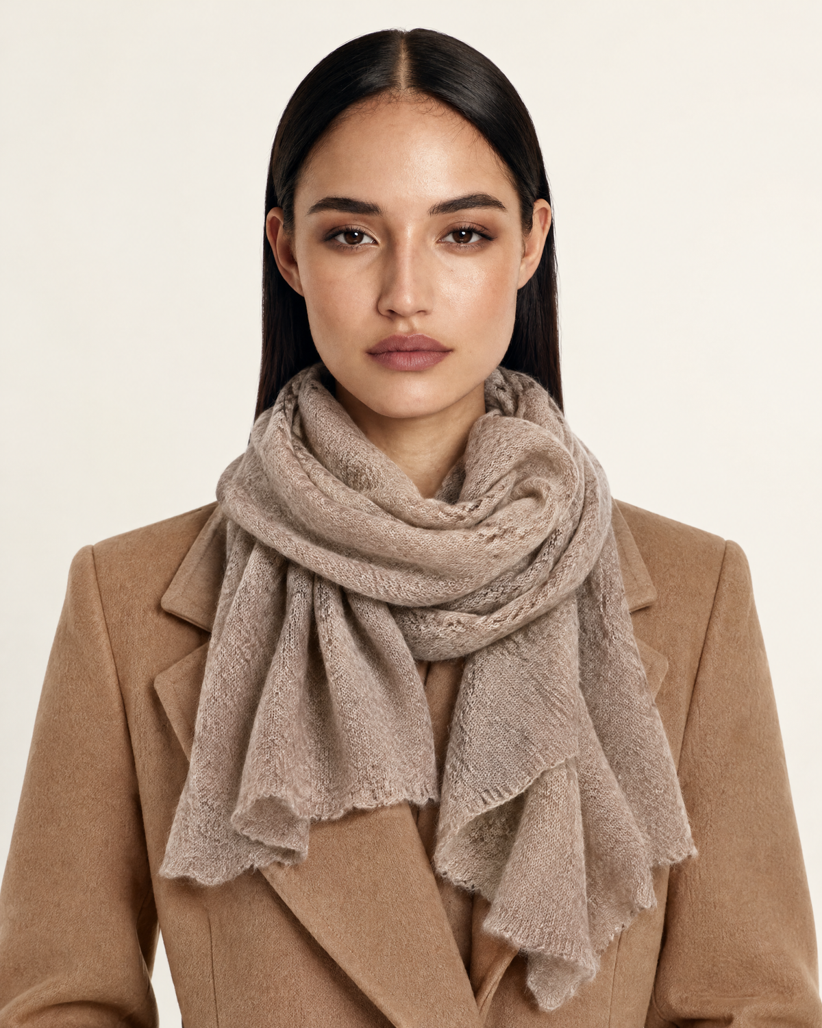 Breathable Lightweight Knitted Pure Cashmere Scarf worn by model