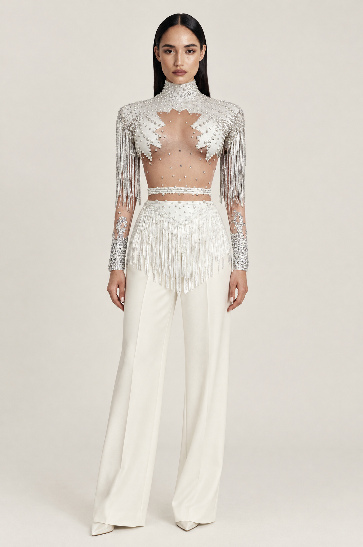 High Neck Sequin and Crystal Fringed Bodysuit – White worn by model