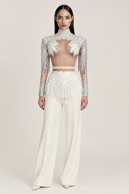 High Neck Sequin and Crystal Fringed Bodysuit – White worn by model