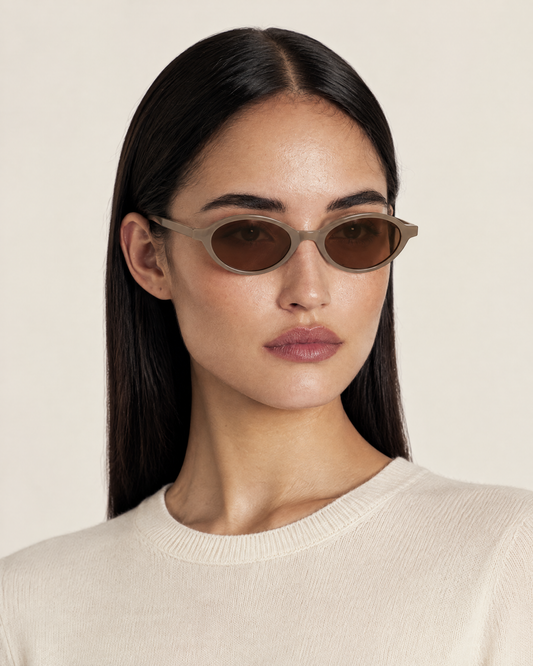 Oval Acetate Frame Sunglasses with UV Protection – Brown Taupe worn by model