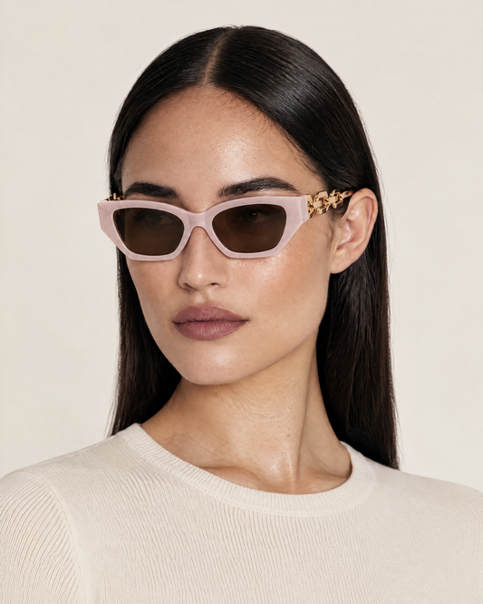 Cat Eye Sunglasses with Heavy Gold Chain Arms – Pink worn by model