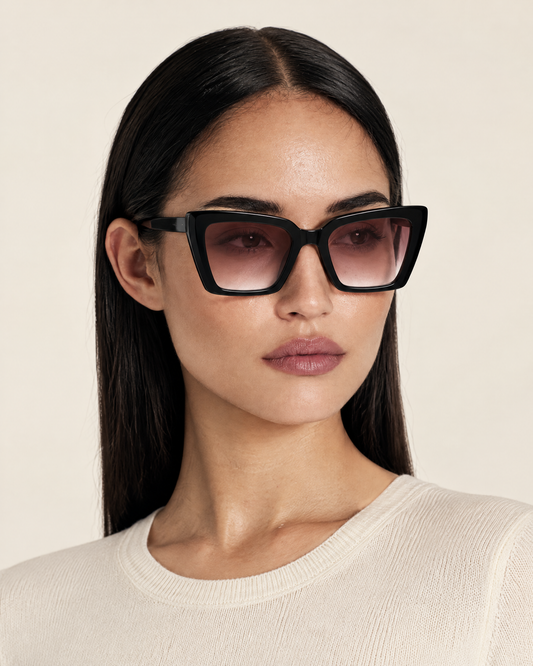 Cat Eye Acetate Polarised Sunglasses with Gradient Lenses – Black/Pink worn by model