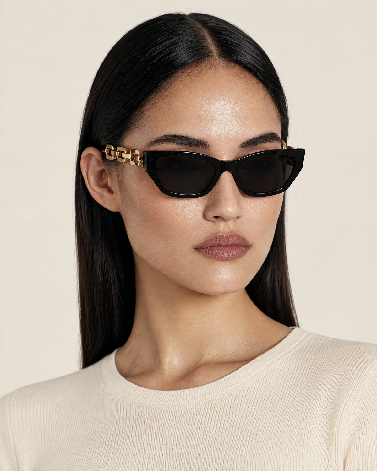 Cat Eye Sunglasses with Heavy Gold Chain Arms – Black worn by model