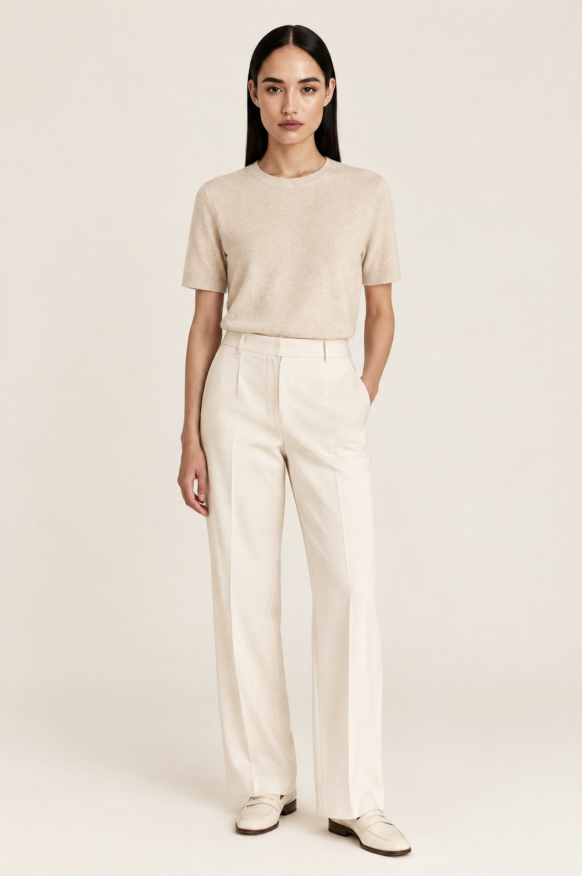 Soft-Touch Wool Blend Half Sleeve Knitted T-Shirt worn by model