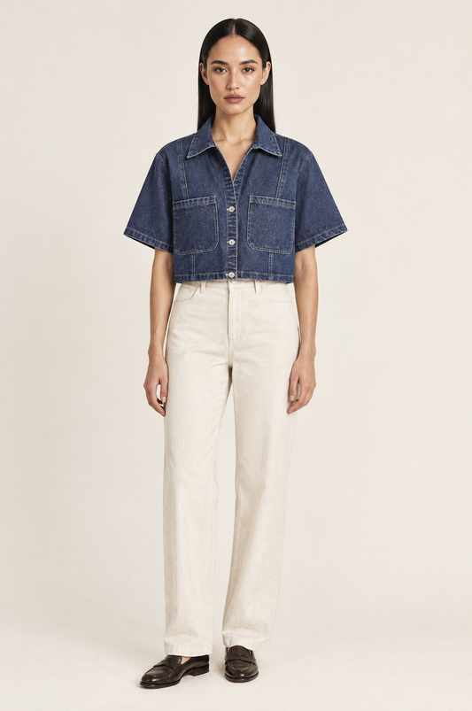 New York Pointed Collar Denim Shirt with Chest Pocket – Navy Blue worn by model