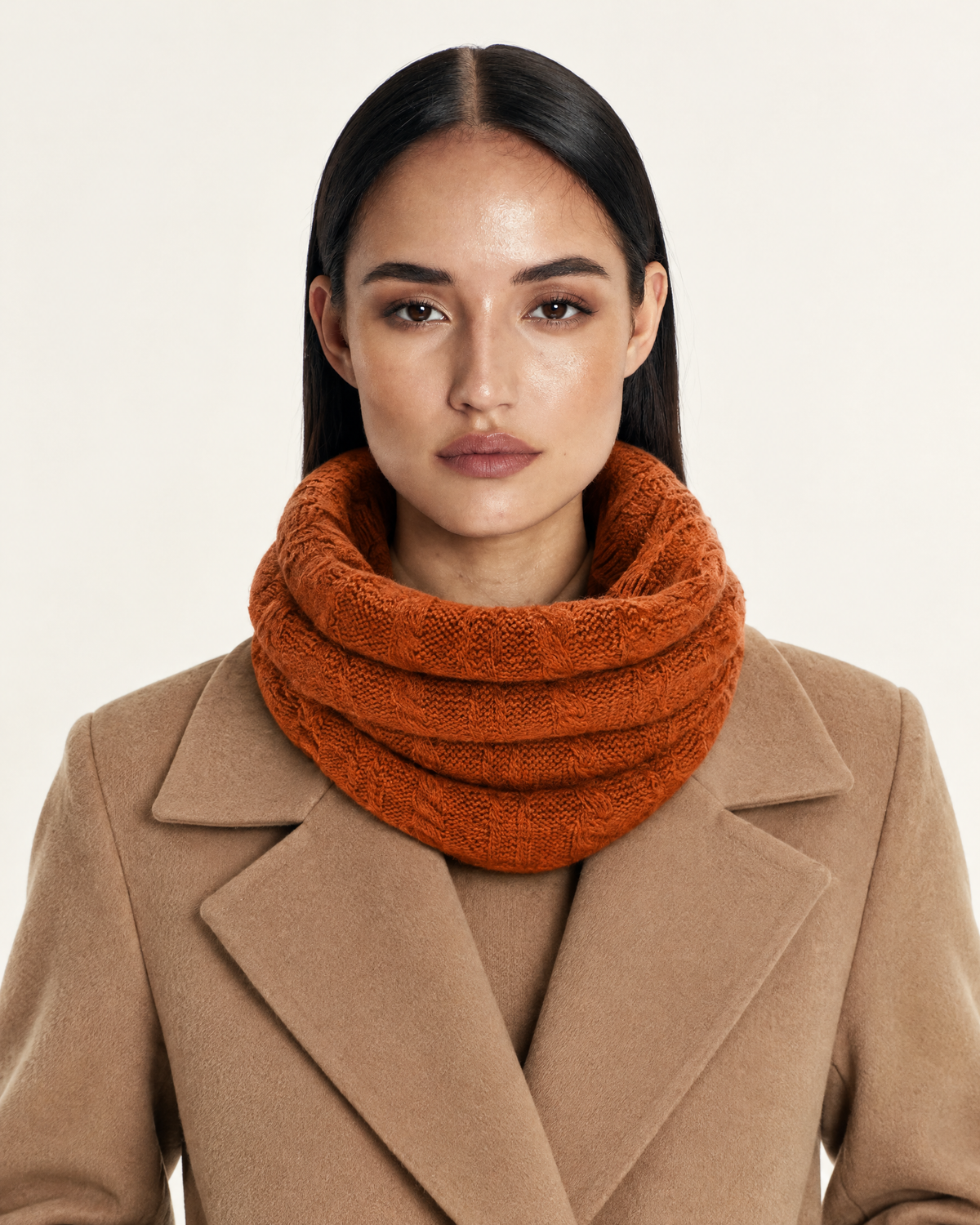 Cable Knit Pure Cashmere Neck Scarf with Thick Collar worn by model
