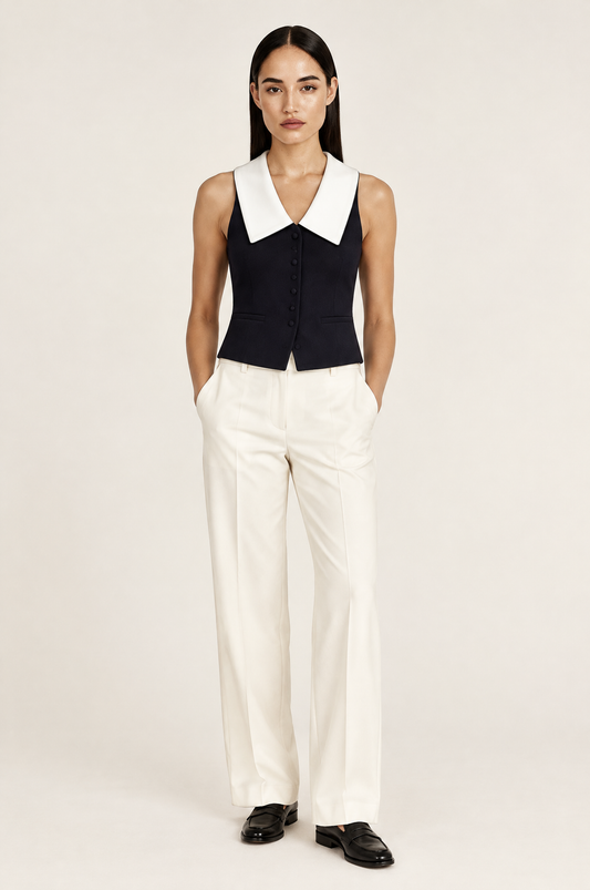 Milano Sleeveless Polo Collar Knit Vest with Button Placket – Black and White worn by model