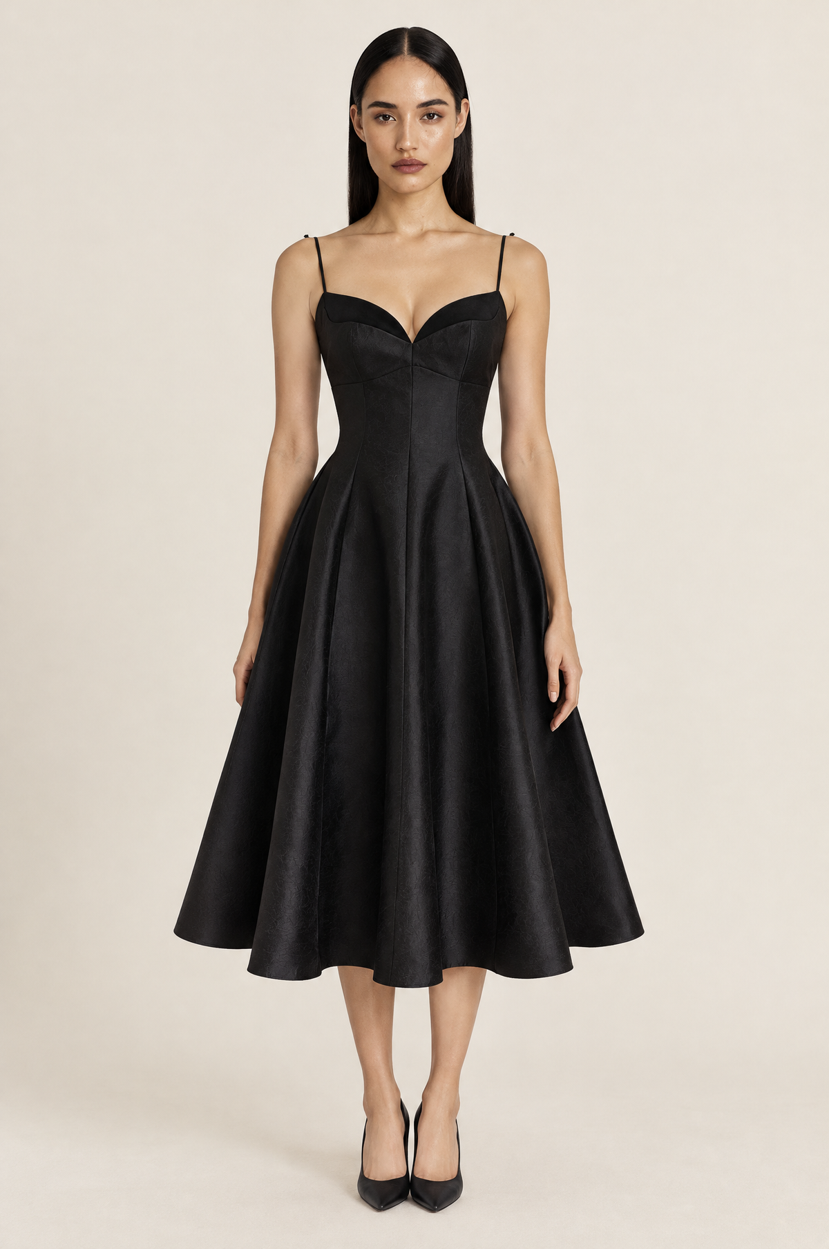 Sleeveless Sweetheart Neck Fitted Dress with Flared Knee-Length Skirt – Black worn by model