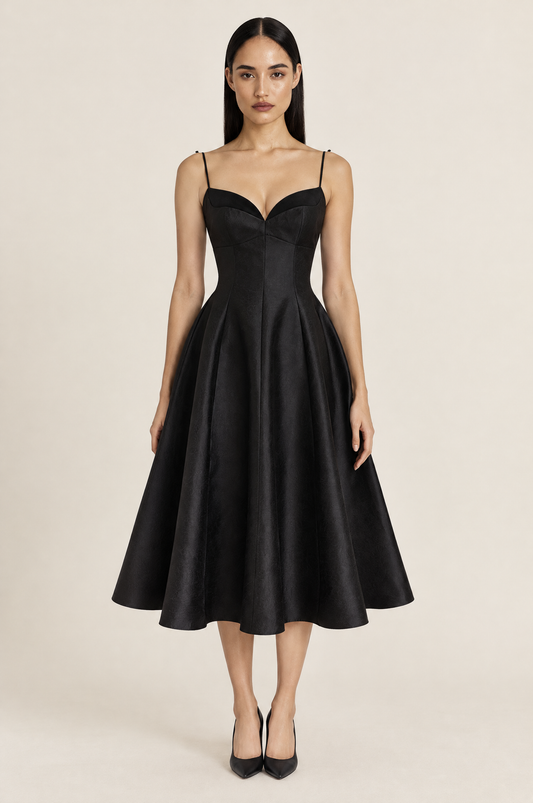 Sleeveless Sweetheart Neck Fitted Dress with Flared Knee-Length Skirt – Black worn by model