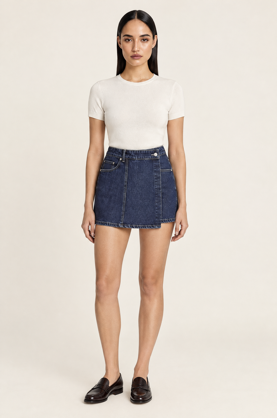 New York High Rise Denim Wrap Skort with Button Front – Navy Blue