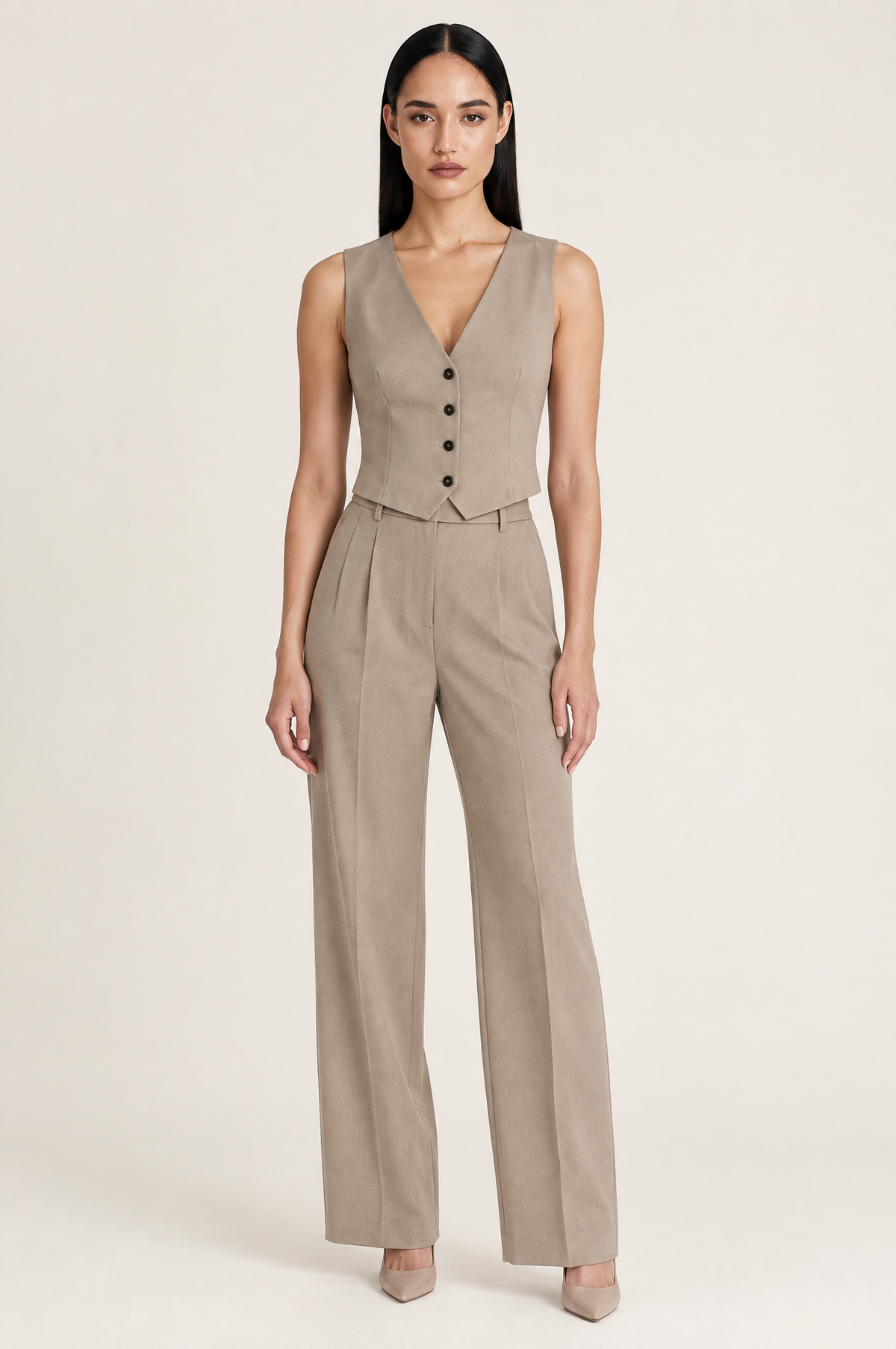 Karol Tailored Cropped V-Neck Waistcoat with Button Front worn by model