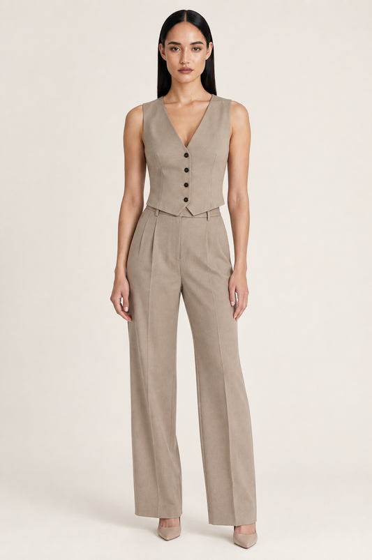 Karol Tailored Cropped V-Neck Waistcoat with Button Front worn by model