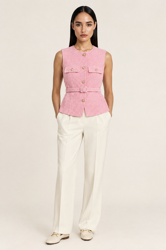 Lucy Textured Sleeveless Collared Shirt with Curved Hem – Pink worn by model