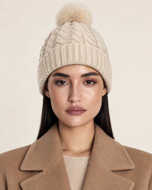 Soft Stretchy Knitted Pure Cashmere Winter Hat worn by model