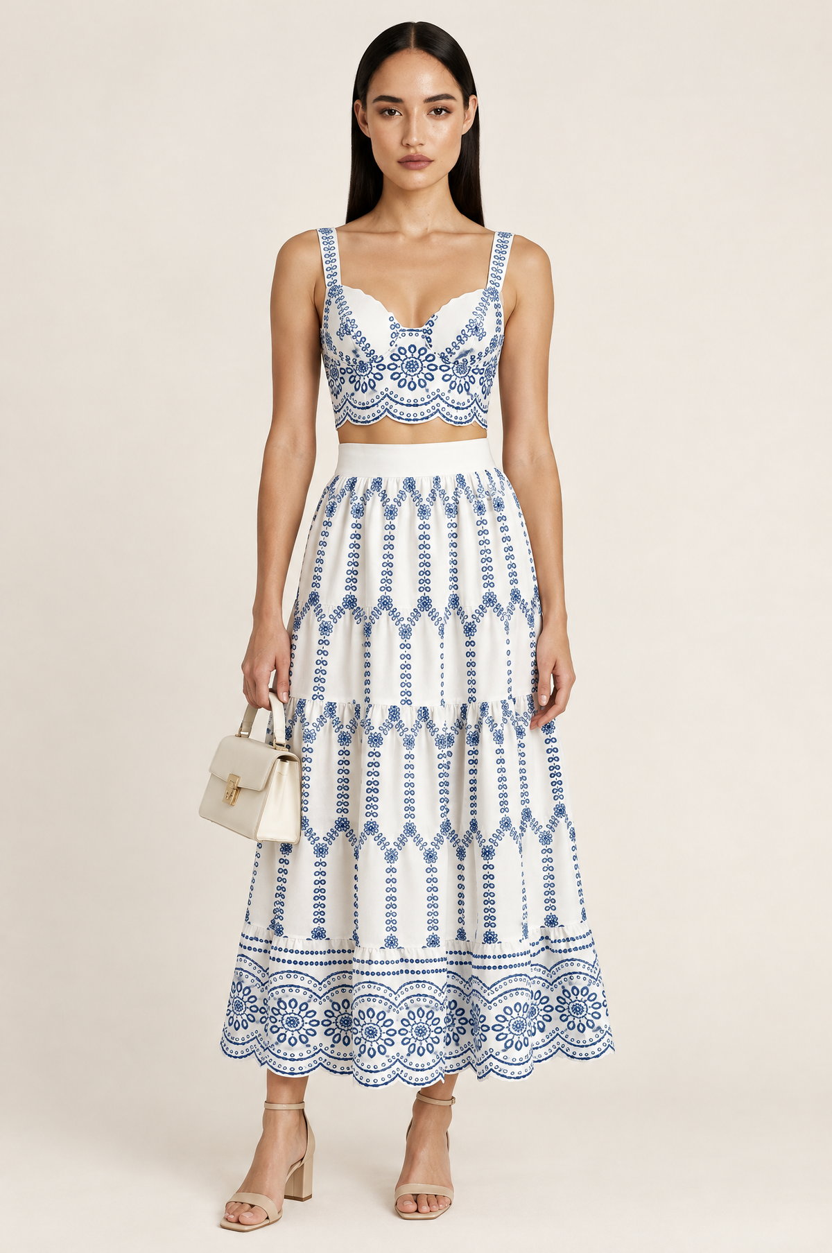 Floral Print Sleeveless Top and High Waisted Skirt Set – Royal Blue worn by model