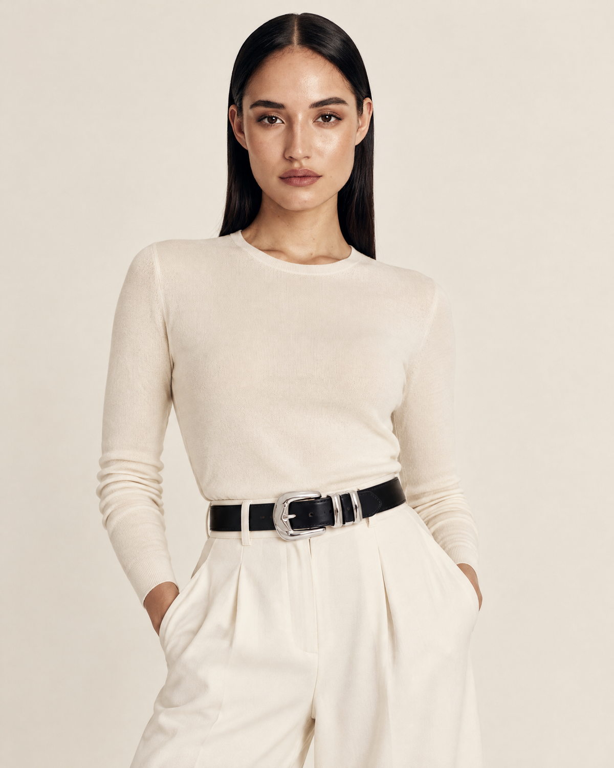 Wilma Faux Leather Belt with Silver Hardware – Black worn by model