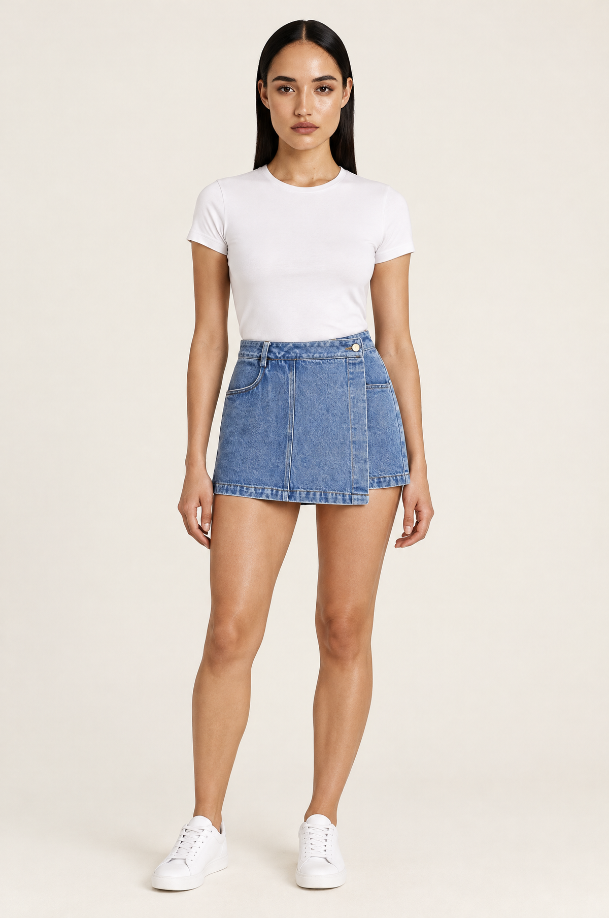 New York High Rise Denim Wrap Skort – Blue worn by model