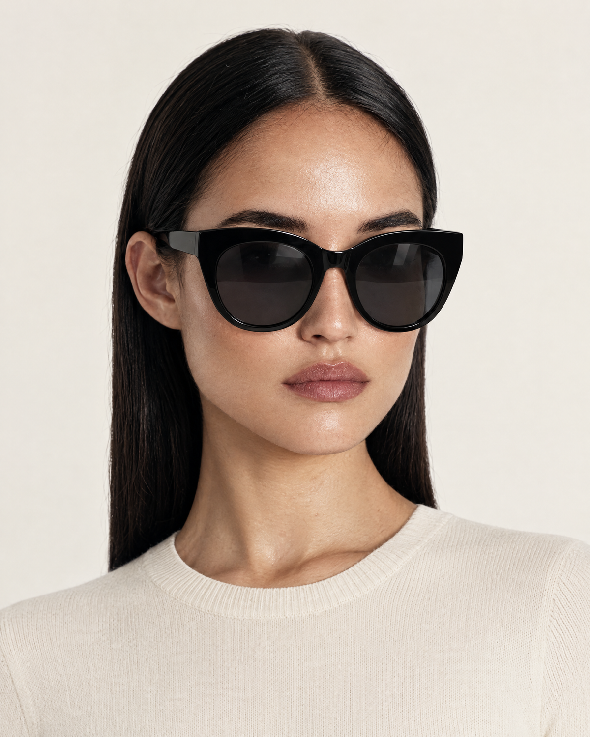 Cat Eye Acetate Polarised Sunglasses with Smoke Tint Lenses – Black worn by model