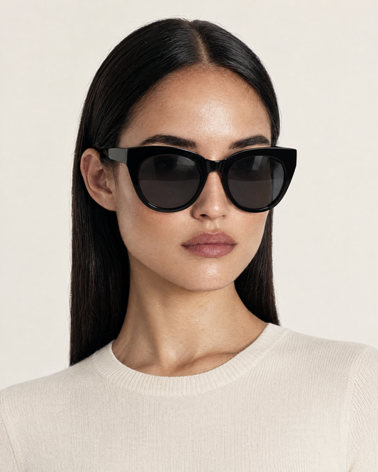 Cat Eye Acetate Polarised Sunglasses with Smoke Tint Lenses – Black worn by model