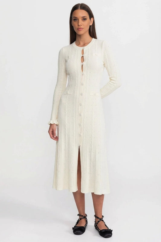 Pointelle Knit Button-Front Midi Dress with Keyhole Neck – Ivory