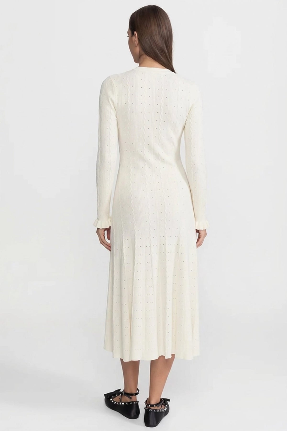 Pointelle Knit Button-Front Midi Dress with Keyhole Neck – Ivory – view 4