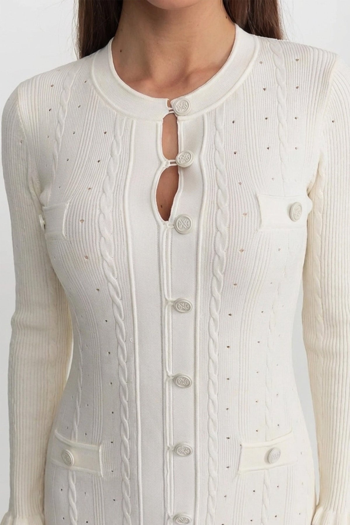 Pointelle Knit Button-Front Midi Dress with Keyhole Neck – Ivory – view 3
