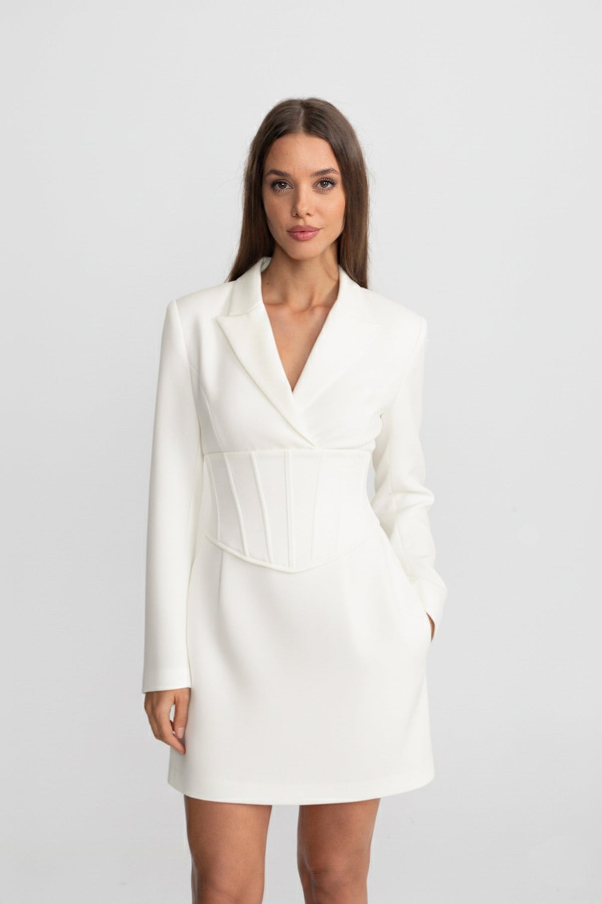 Structured Mini Blazer Dress with Built-In Corset Waist – Ivory – view 2