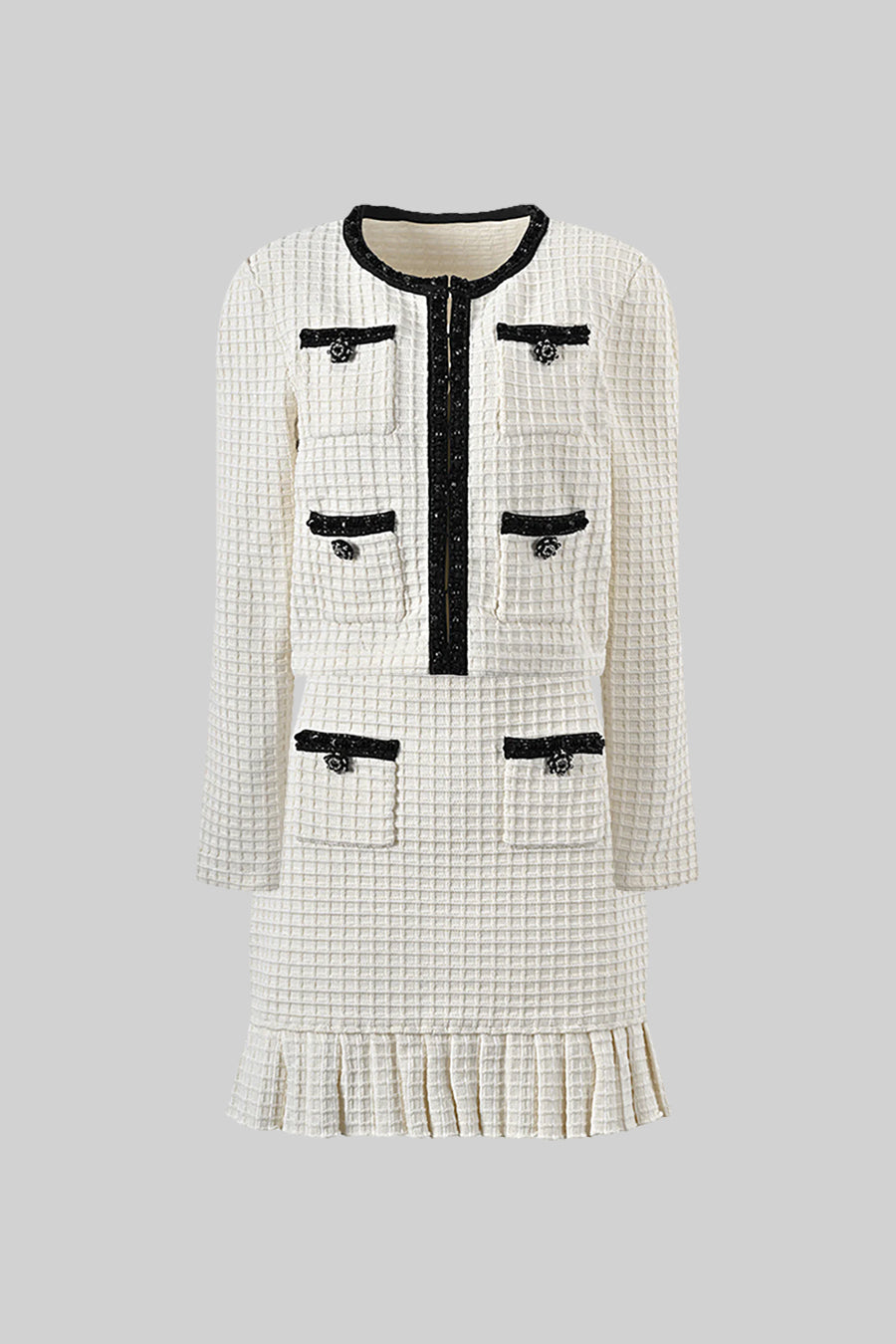 Tweed Long Sleeve Top and Flared Mini Skirt Set with Black Trim – Ivory – view 3