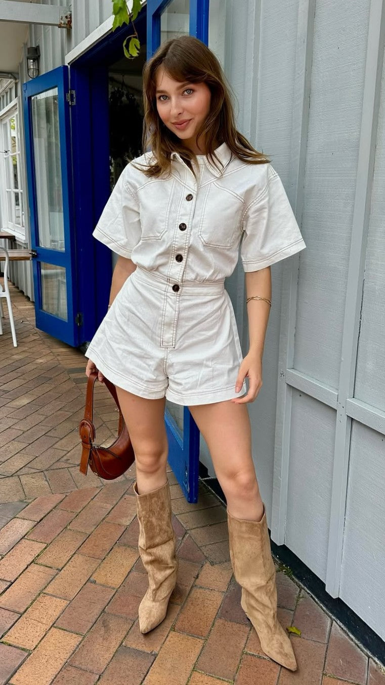 Nella Collared Button-Up Playsuit with Pockets – White Denim – view 9