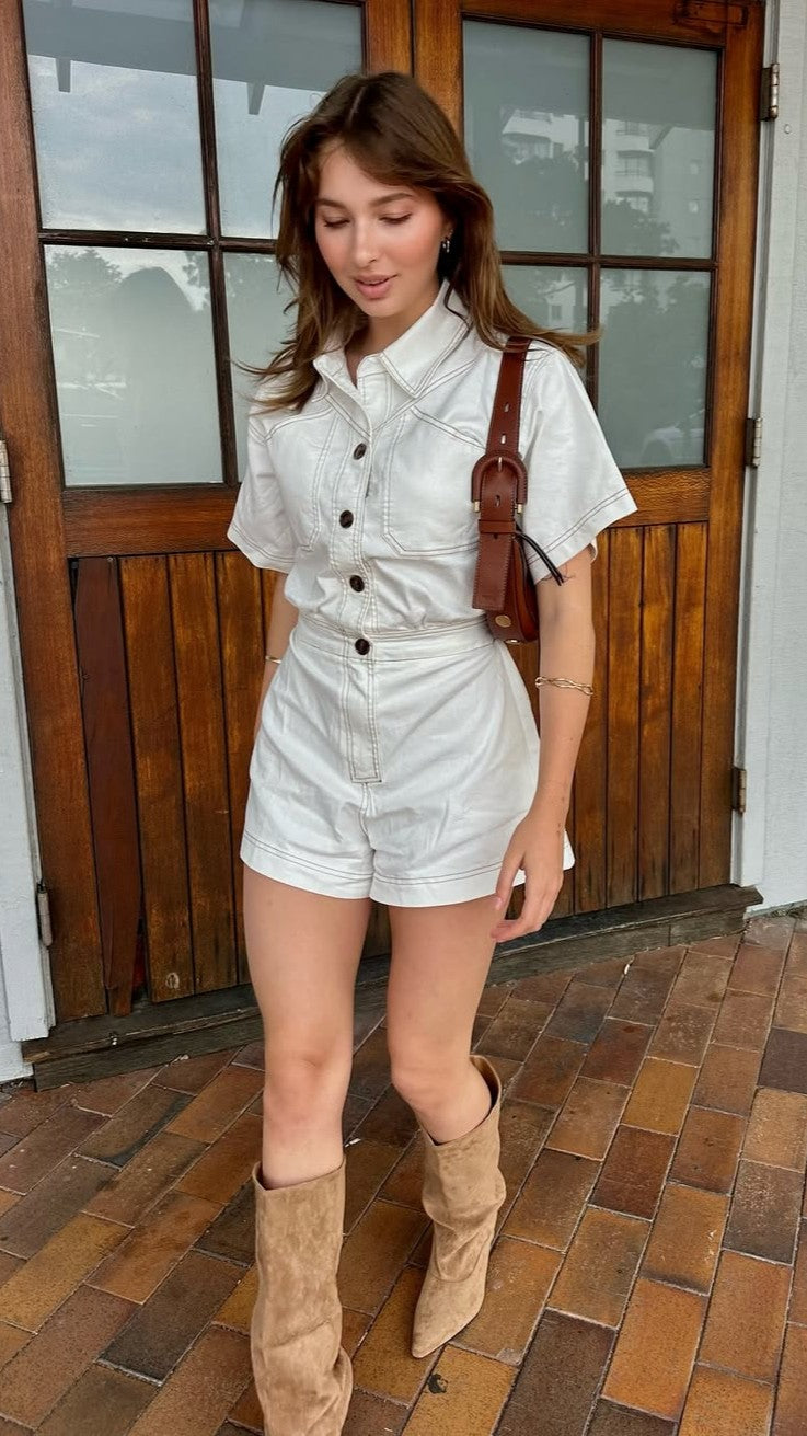 Nella Collared Button-Up Playsuit with Pockets – White Denim – view 10