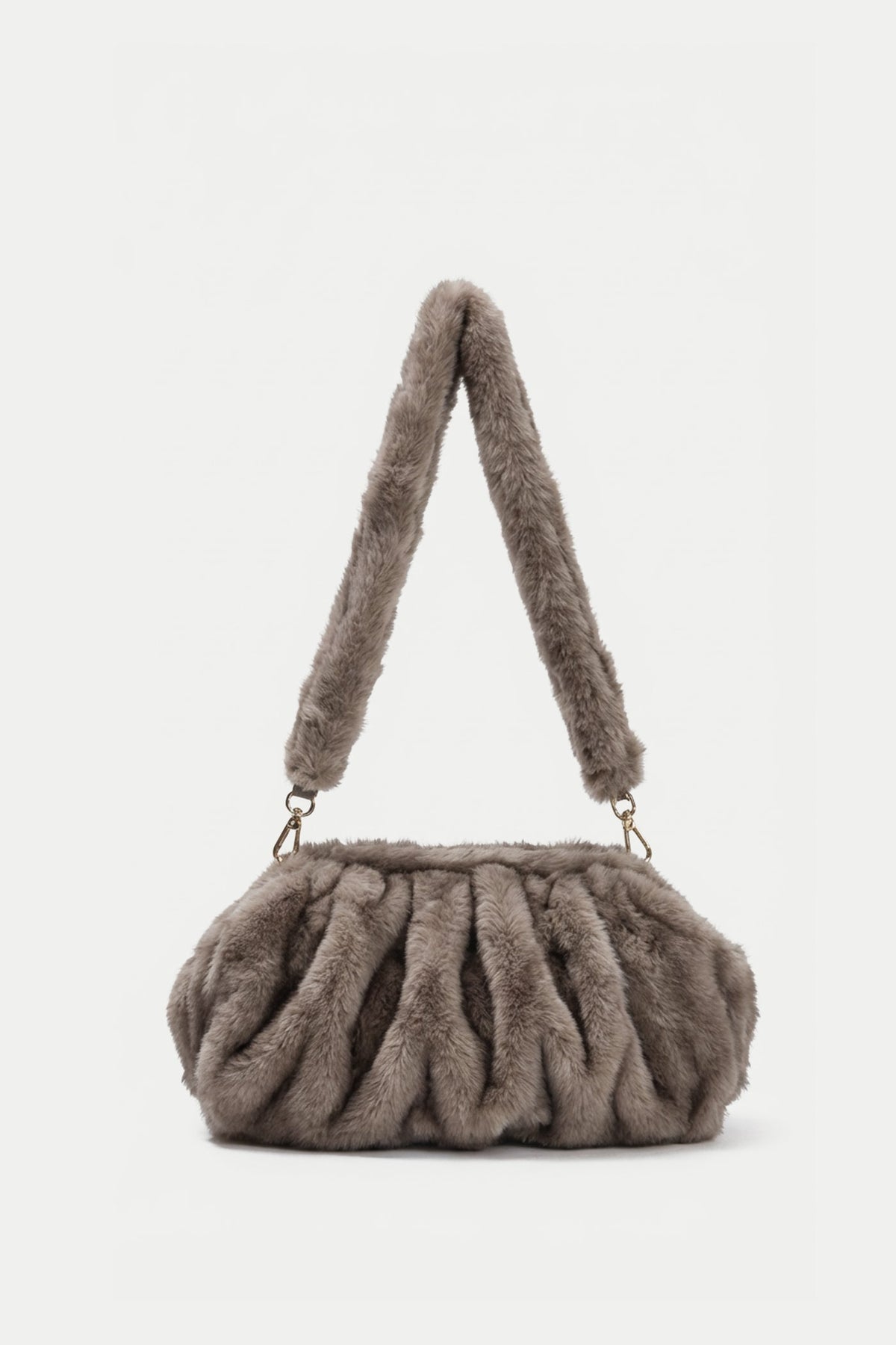 Faux Fur Ruched Pouch Shoulder Bag with Gold-Tone Hardware – Khaki
