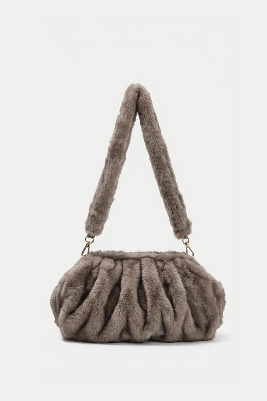 Faux Fur Ruched Pouch Shoulder Bag with Gold-Tone Hardware – Khaki