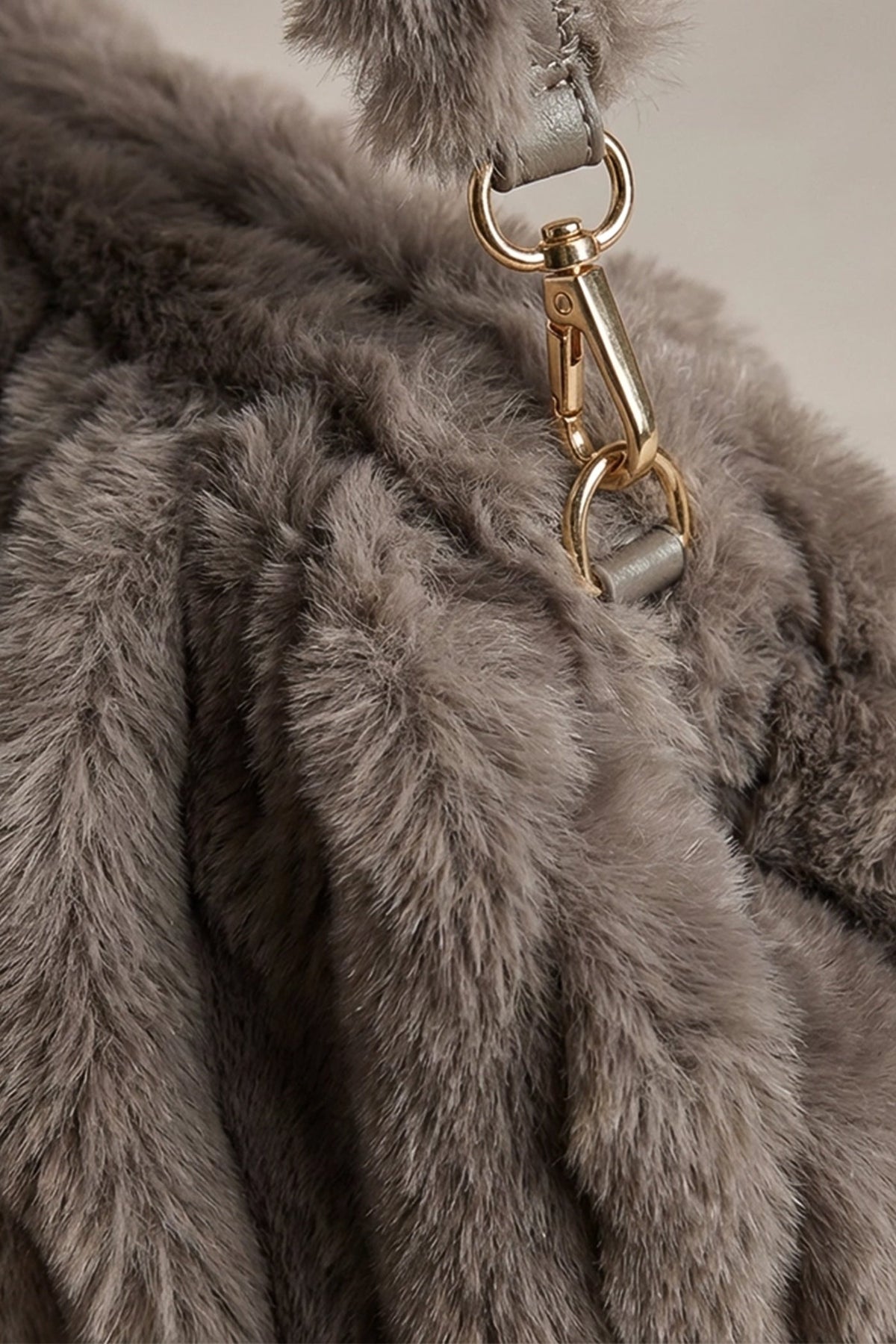Faux Fur Ruched Pouch Shoulder Bag with Gold-Tone Hardware – Khaki
