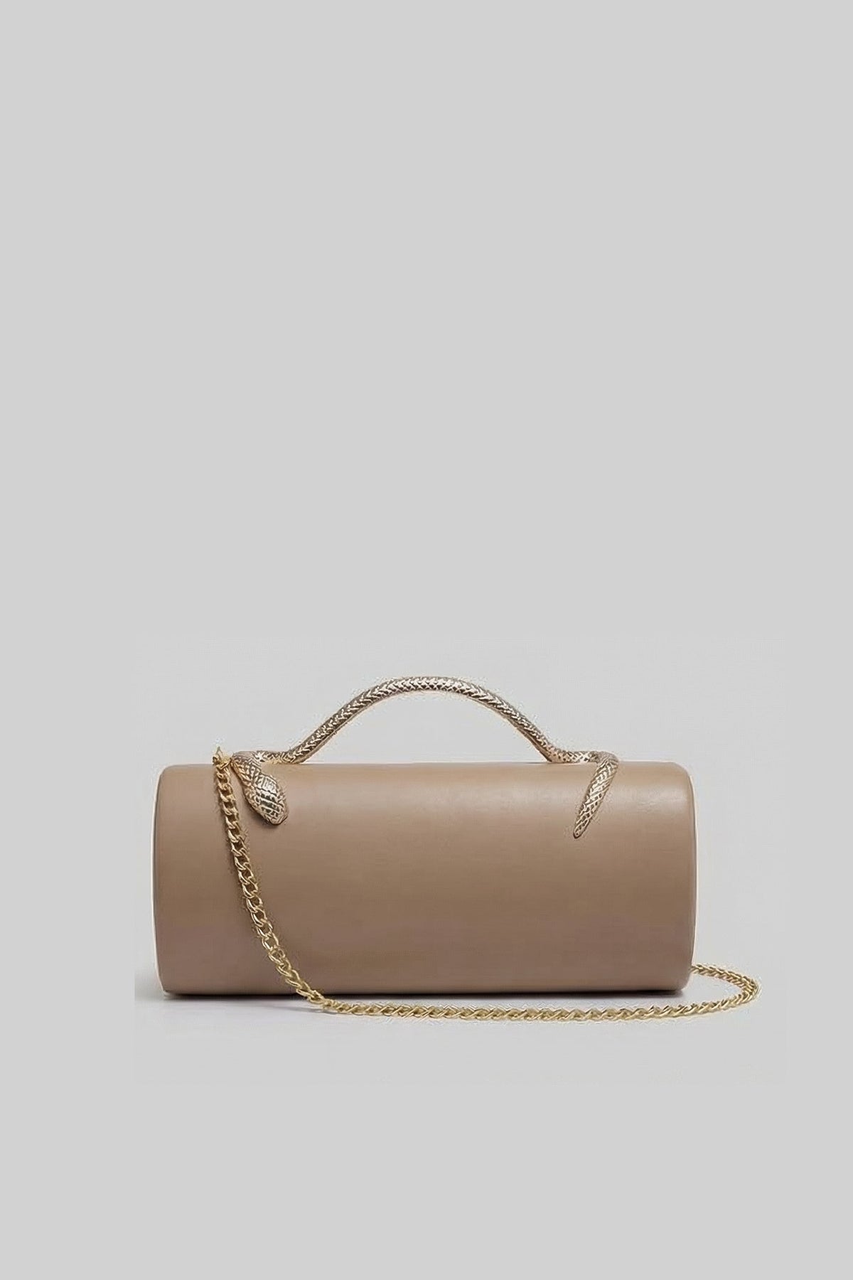 Structured Faux Leather Clutch with Snake Handle and Gold Chain – Khaki – view 2