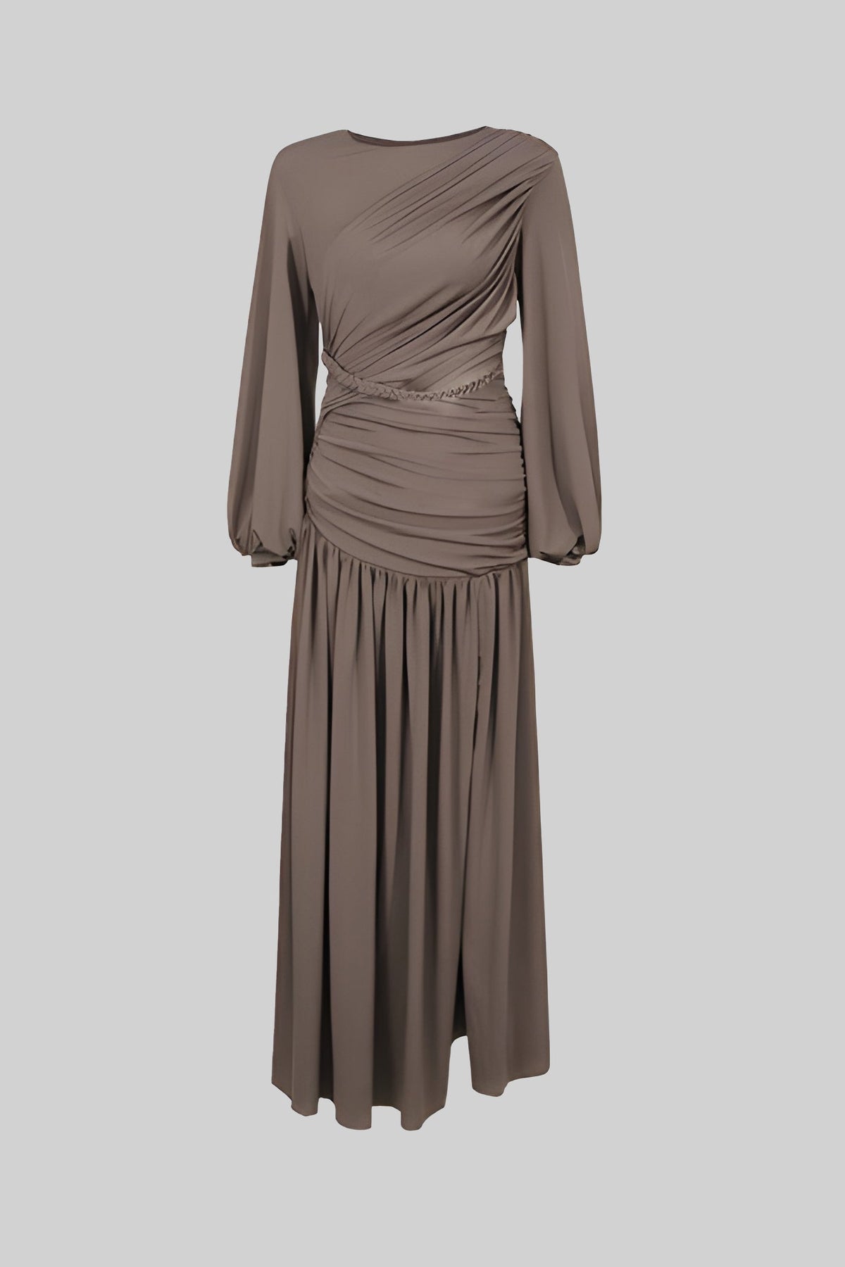 Draped Balloon Sleeve Maxi Dress with Braided Waistband – Khaki – view 2