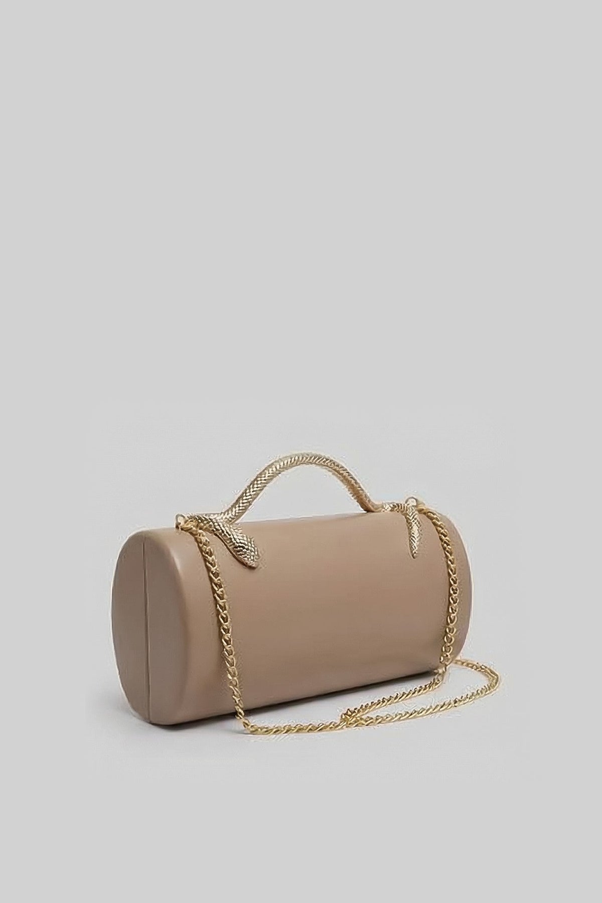 Structured Faux Leather Clutch with Snake Handle and Gold Chain – Khaki – view 3