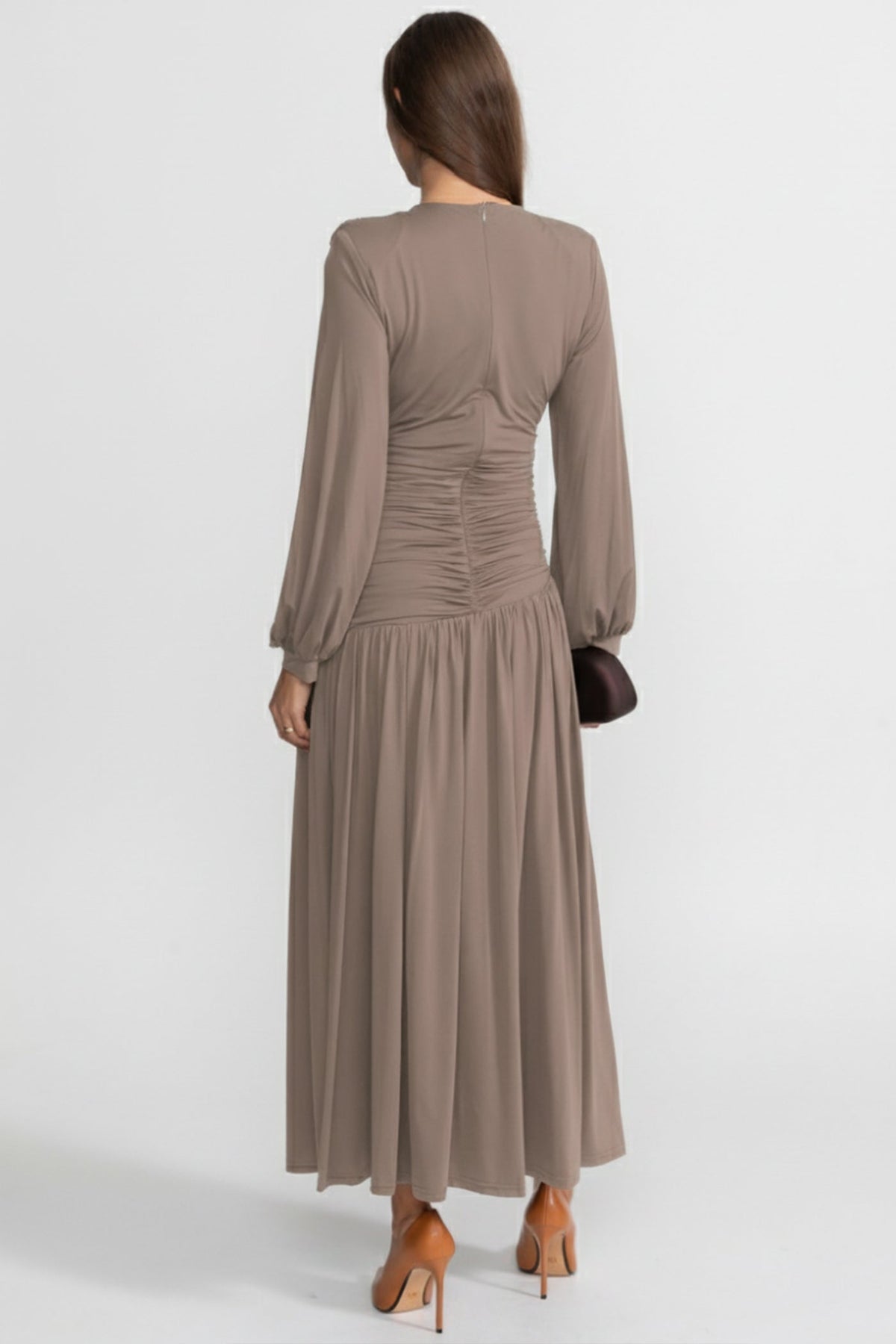 Draped Balloon Sleeve Maxi Dress with Braided Waistband – Khaki – view 4
