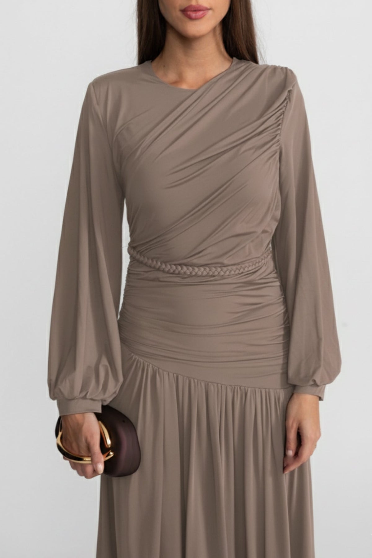 Draped Balloon Sleeve Maxi Dress with Braided Waistband – Khaki – view 3