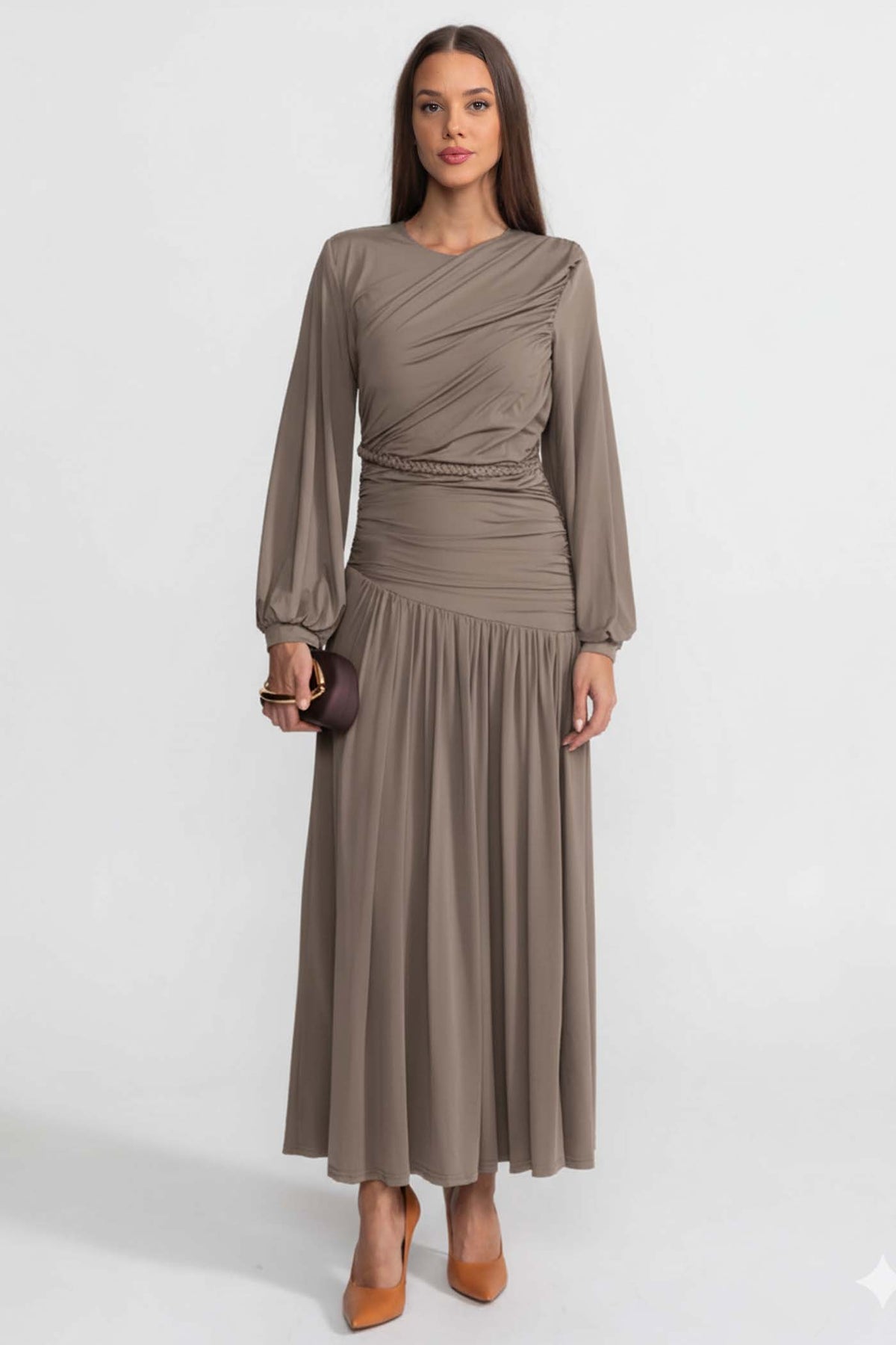 Draped Balloon Sleeve Maxi Dress with Braided Waistband – Khaki