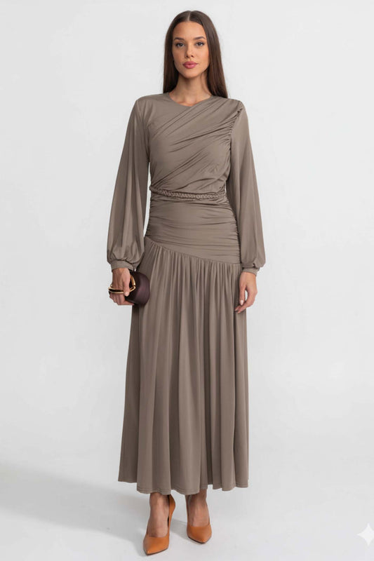Draped Balloon Sleeve Maxi Dress with Braided Waistband – Khaki