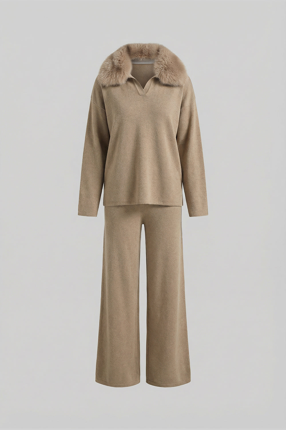 Knit Lounge Top and Straight Leg Trousers Set – Khaki – view 2