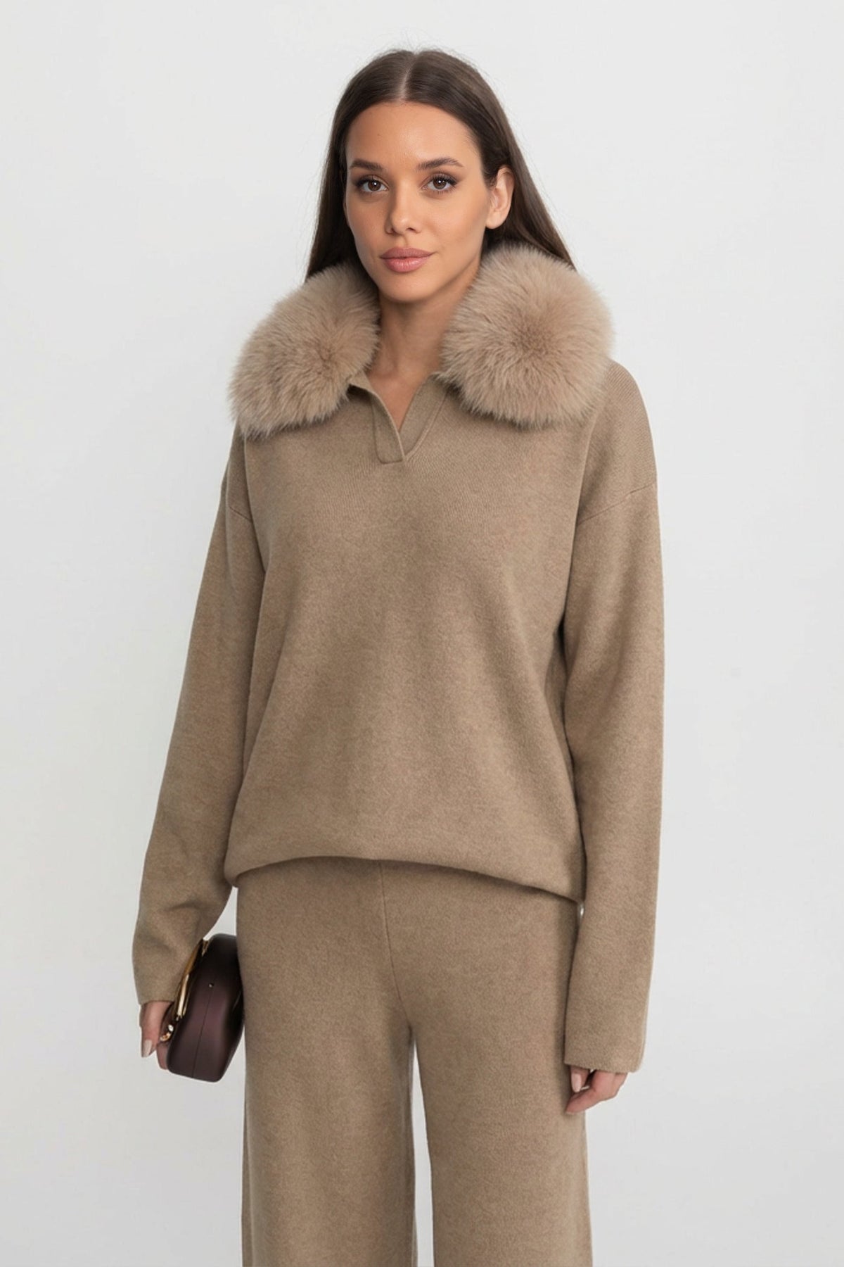 Knit Lounge Top and Straight Leg Trousers Set – Khaki – view 3