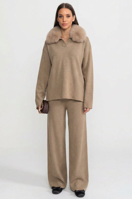 Knit Lounge Top and Straight Leg Trousers Set – Khaki