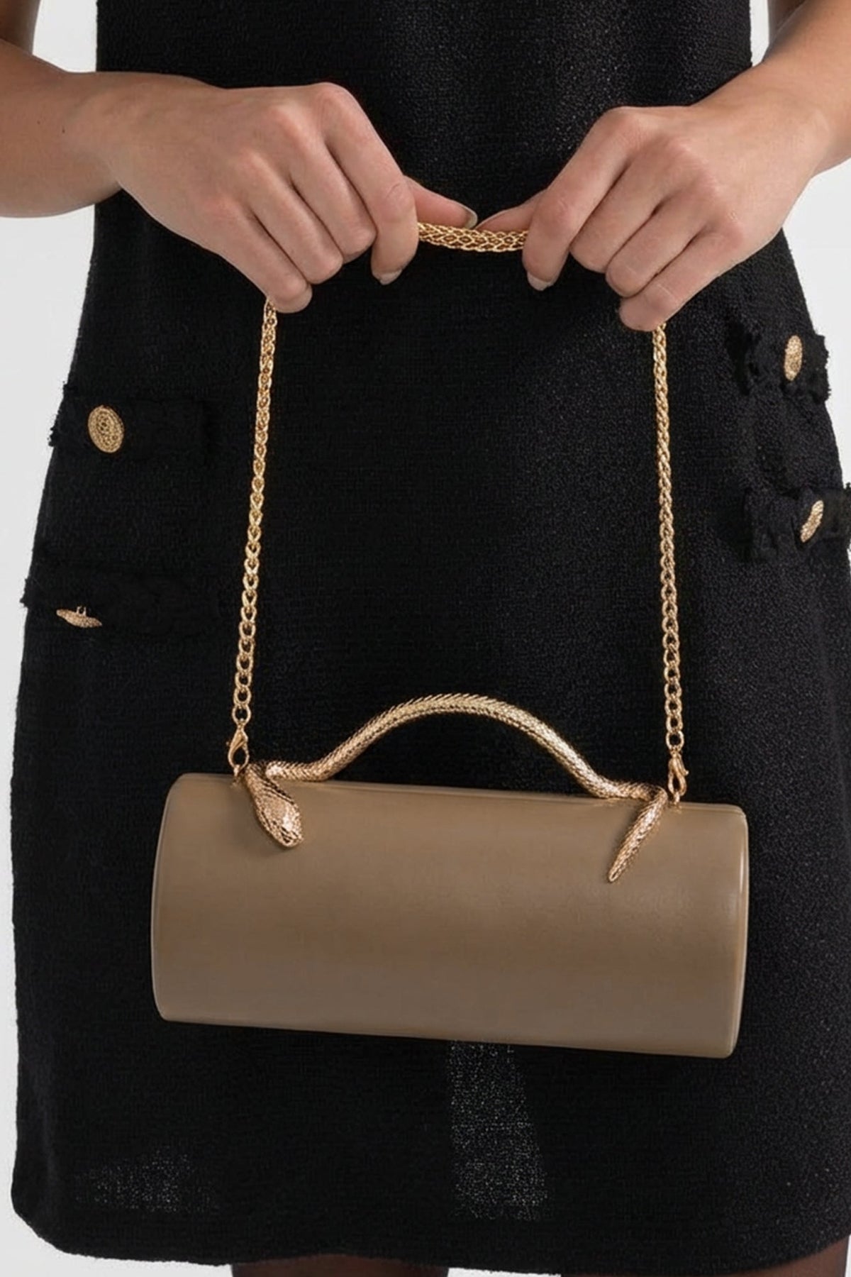 Structured Faux Leather Clutch with Snake Handle and Gold Chain – Khaki – view 2