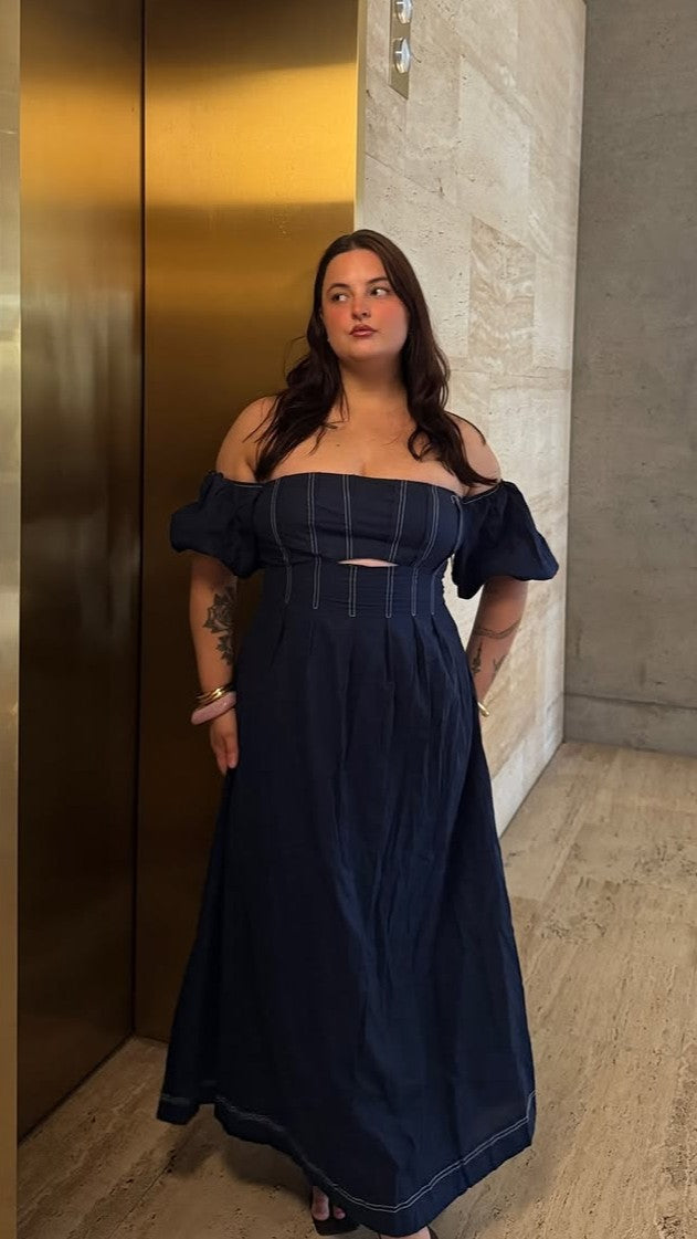 Claira Square Neck Balloon Sleeve Cut-Out Midi Dress – Navy – view 11